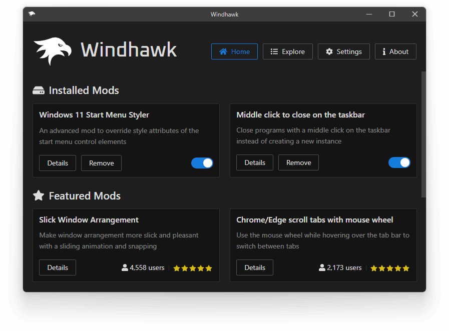 Schermata principale di Windhawk con l'elenco delle mod disponibili